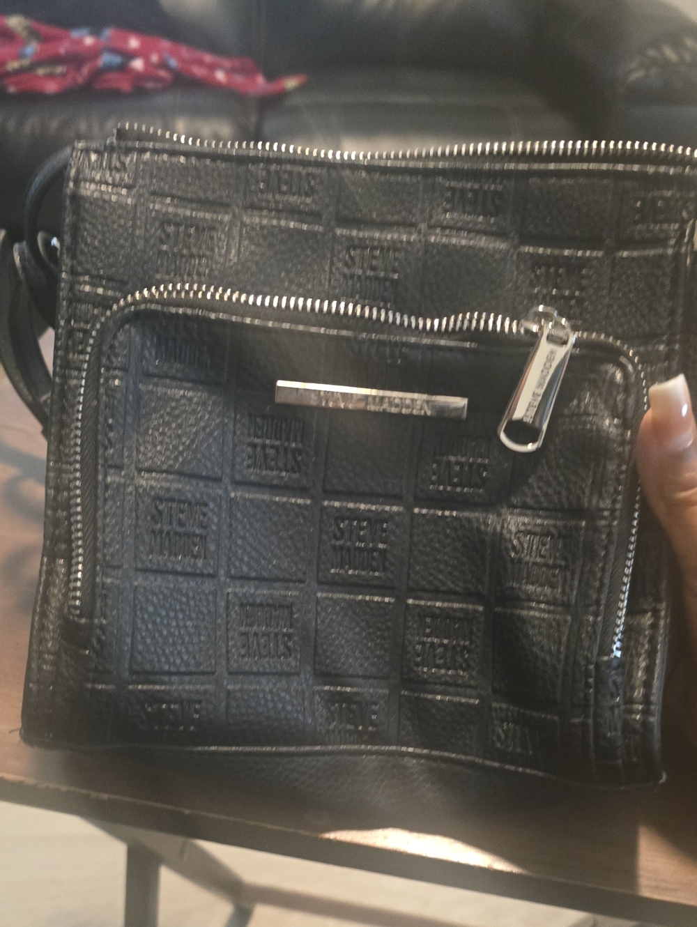 Steve Madden Black Embossed Leather-Look Messenger Bag